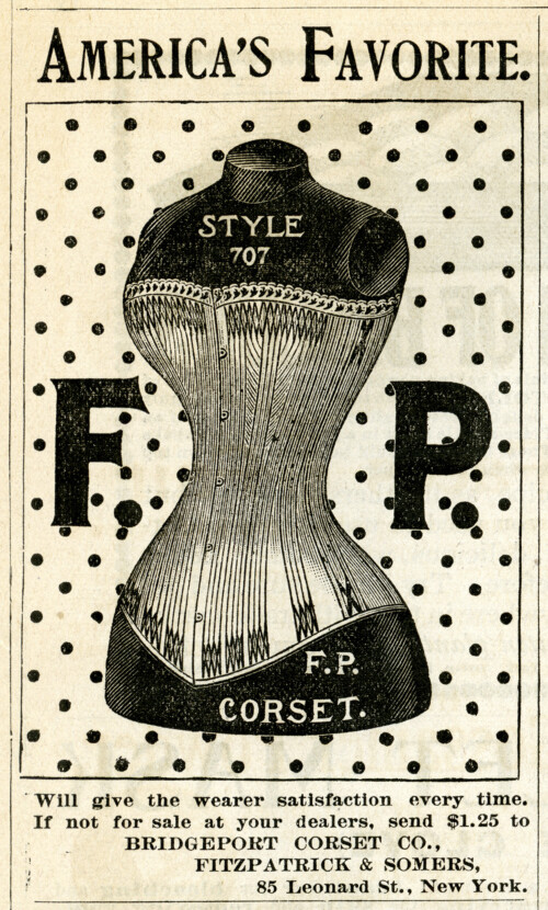 corset clip art, F P corset, black and white graphics, vintage fashion clip art, Bridgeport Corset Co, Fitzpatrick Somers