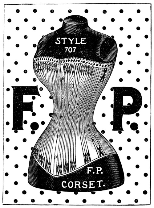 corset clip art, F P corset, black and white graphics, vintage fashion clip art, Bridgeport Corset Co, Fitzpatrick Somers