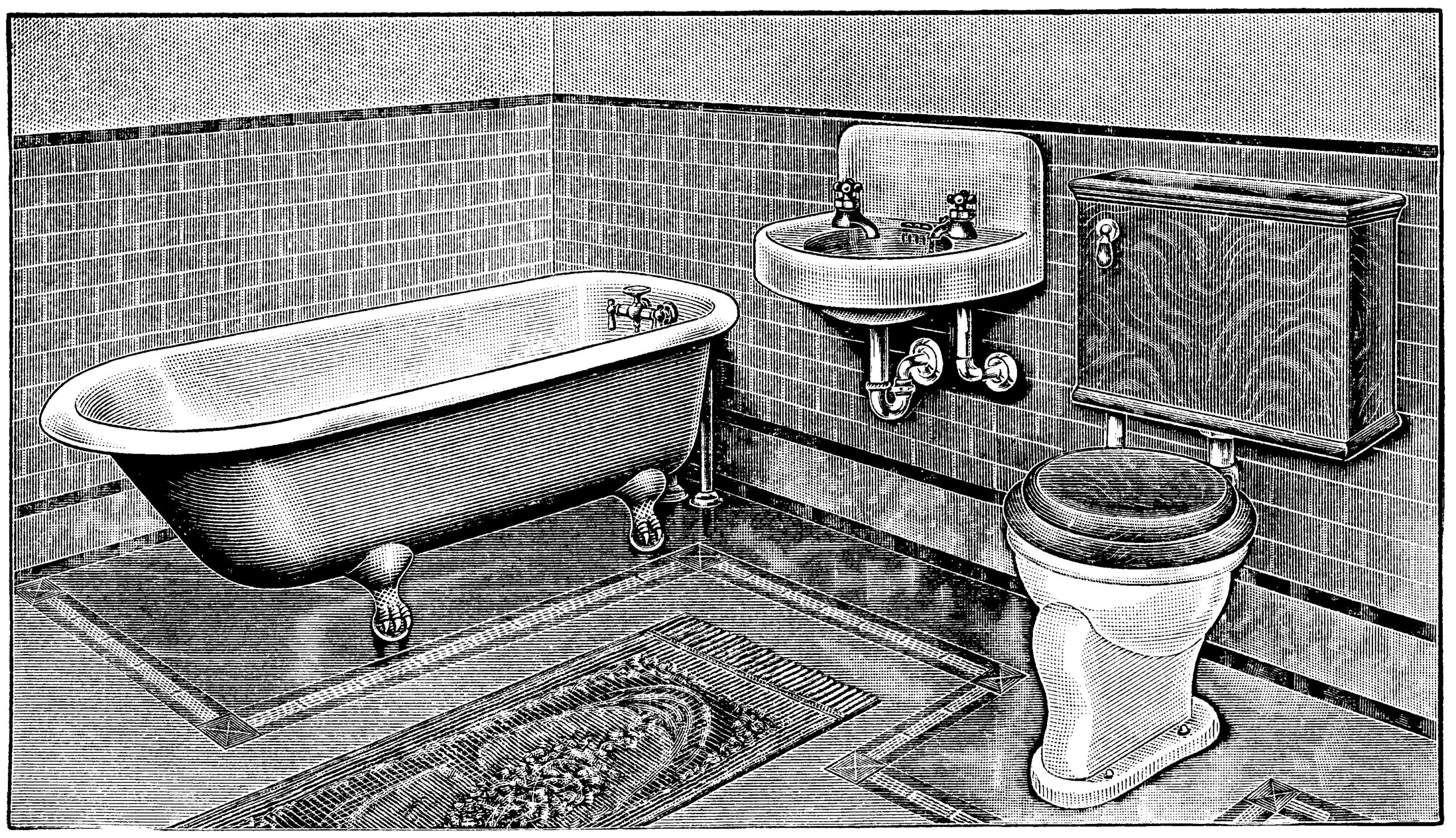 vintage bathroom, bathroom clip art, claw foot tub illus, antique toilet, restroom graphics, black and white clipart
