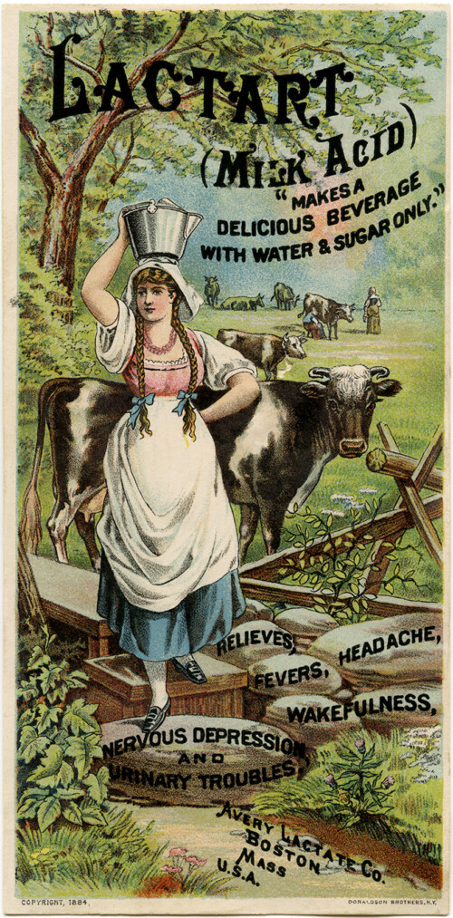Lactart milk acid, Victorian trade card, vintage advertising card, vintage ephemera, milkmaid illustration