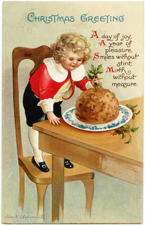 vintage Christmas postcard, Ellen Clapsaddle, Christmas boy, Victorian Clapsaddle child, Christmas pudding