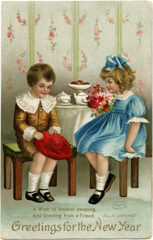 vintage New Year card, Ellen Clapsaddle, Victorian children clip art, boy girl vintage image