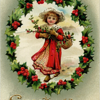 Victorian postcard graphics, vintage postcard, Christmas postcard, old fashioned Christmas card, Victorian girl in red