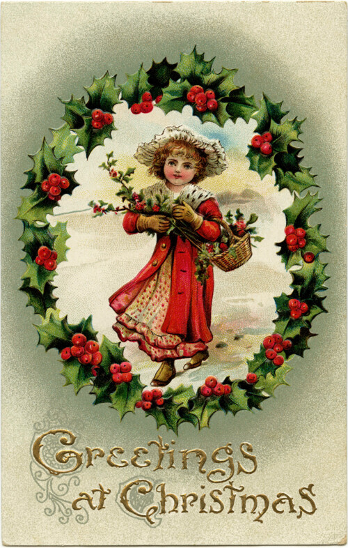 Victorian postcard graphics, vintage postcard, Christmas postcard, old fashioned Christmas card, Victorian girl in red