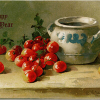 vintage New Year card, Catherine Klein, pottery and cherries, cherry clip art, vintage postcard