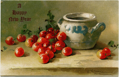 vintage New Year card, Catherine Klein, pottery and cherries, cherry clip art, vintage postcard