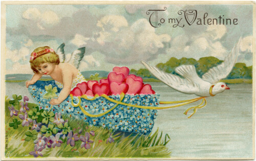 vintage valentine postcard, cherub in floral boat, valentine hearts, valentine clip art, cherub and dove, printable valentine
