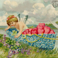 Free vintage clip art valentine postcard cherub dove boat of flowers