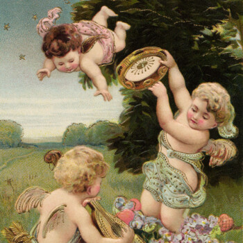 Free vintage clip art valentine postcard cherubs playing in meadow