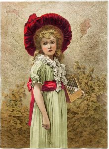 free Victorian clip art beautiful girl in green dress and red hat