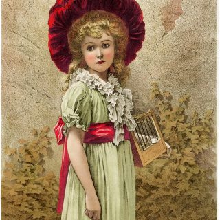 free Victorian clip art beautiful girl in green dress and red hat