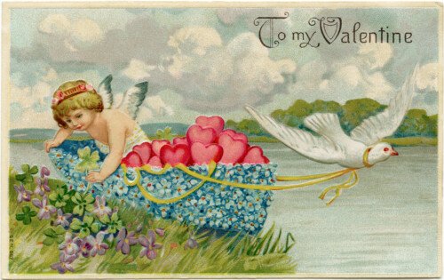 vintage valentine postcard, cherub in floral boat, valentine hearts, valentine clip art, cherub and dove, printable valentine