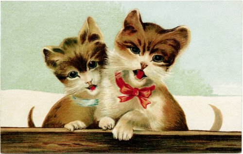 singing kitten, vintage cat postcard, kitten clip art, brown cat