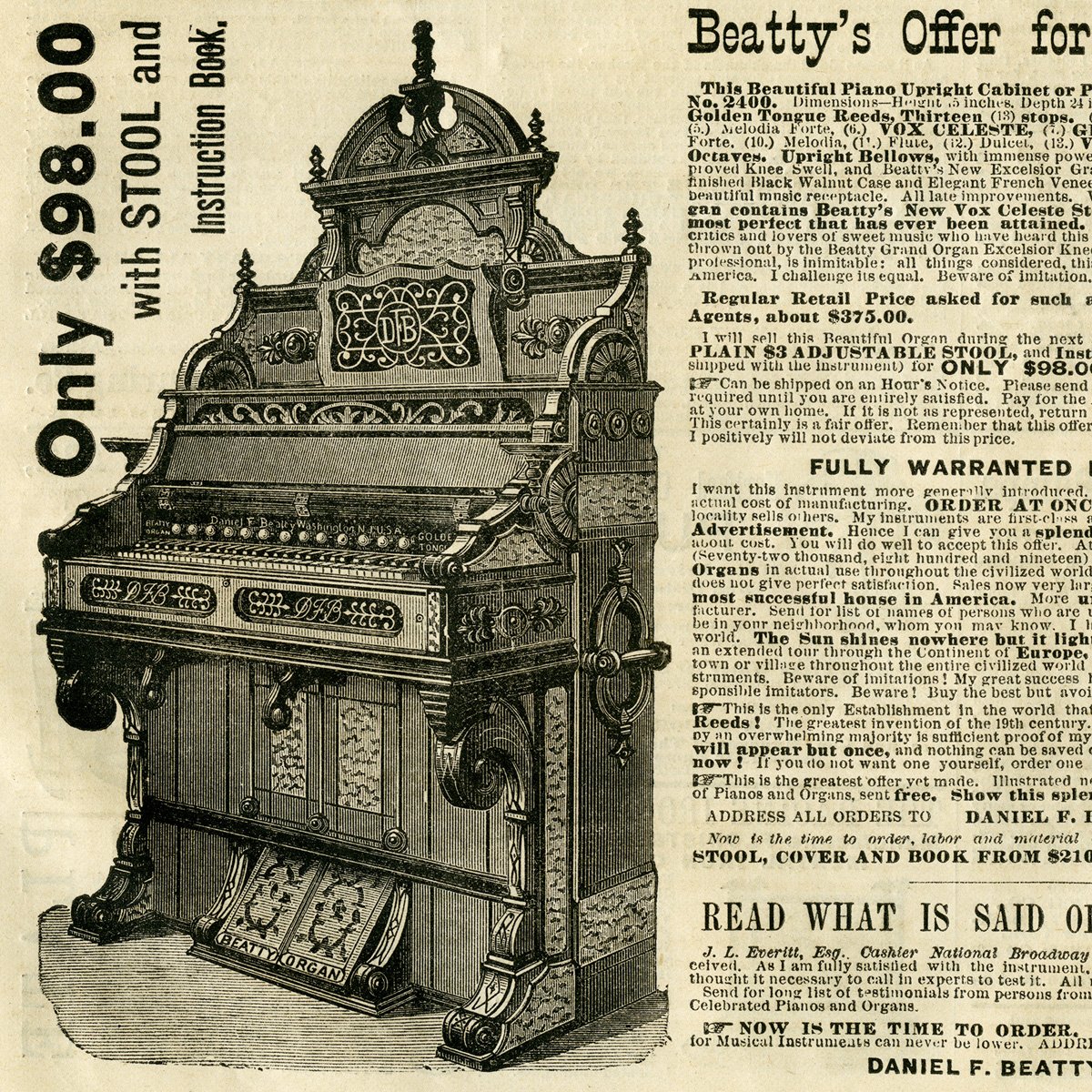 free vintage beatty's organ magazine advertisement clip art