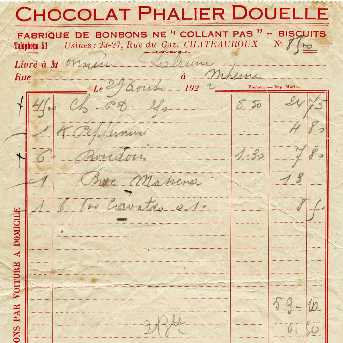 Free vintage clip art French invoice Chocolat Phalier Douelle