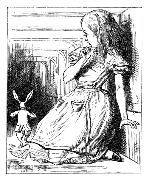 Giant Alice watching white rabbit run away