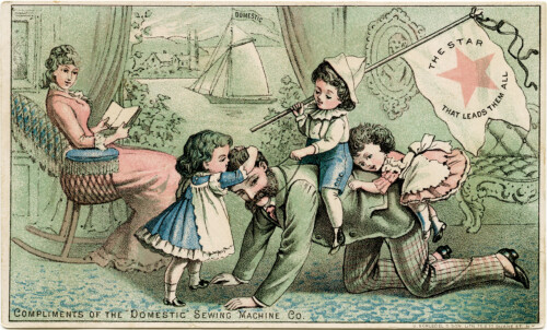 Domestic Sewing Co, Victorian sewing trade card, vintage family illustration