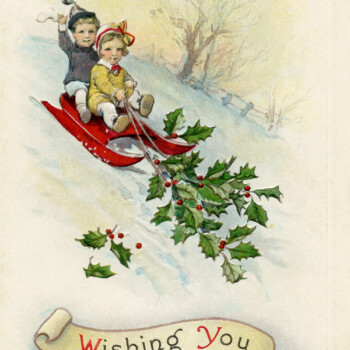 free vintage Christmas printable postcard children sledding