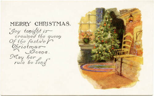 free vintage Christmas printable postcard cozy indoor scene