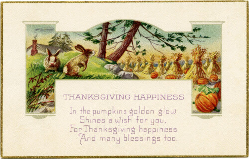 Free vintage Thanksgiving postcard clip art rabbits hay pumpkins