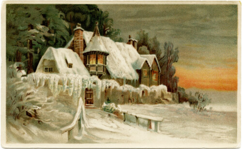 Snow covered house vintage winter scene
