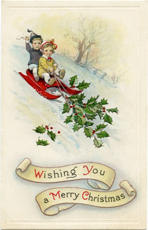 free vintage Christmas printable postcard children sledding