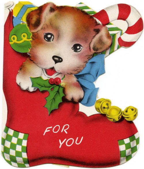 Free printable vintage Christmas puppy greeting card