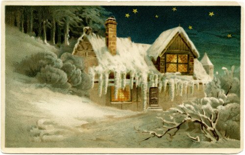 Free vintage printable country cottage in winter scene