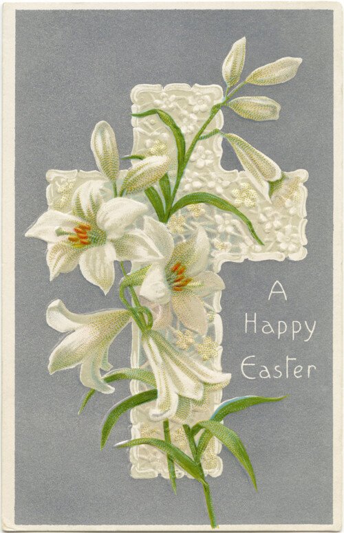 Free vintage printable Easter postcard cross and lilies