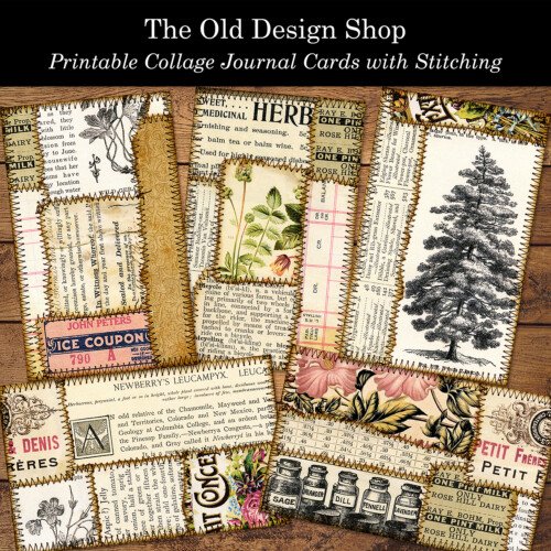 printable collage journal cards with stitching