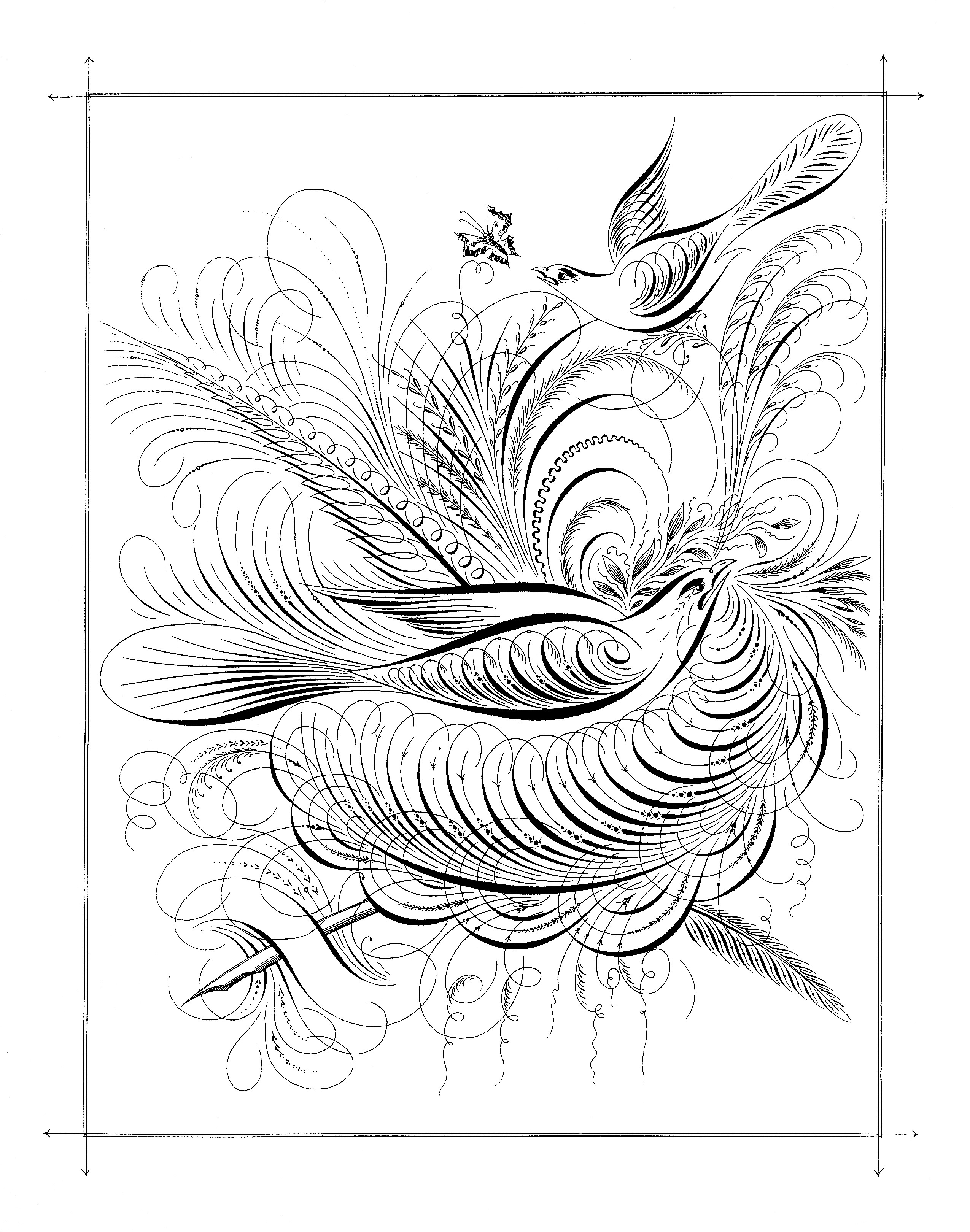 birds and swirls printable Spencerian bird