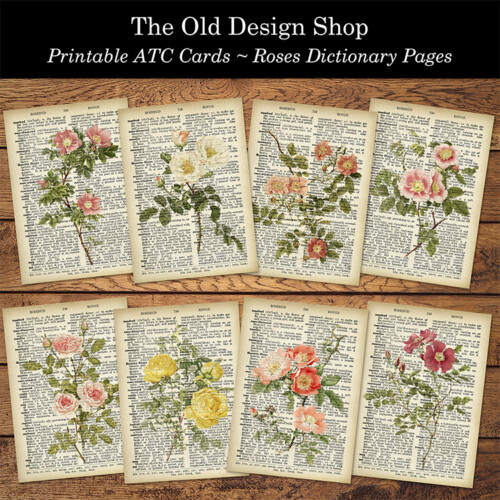 printable ATC cards roses dictionary pages