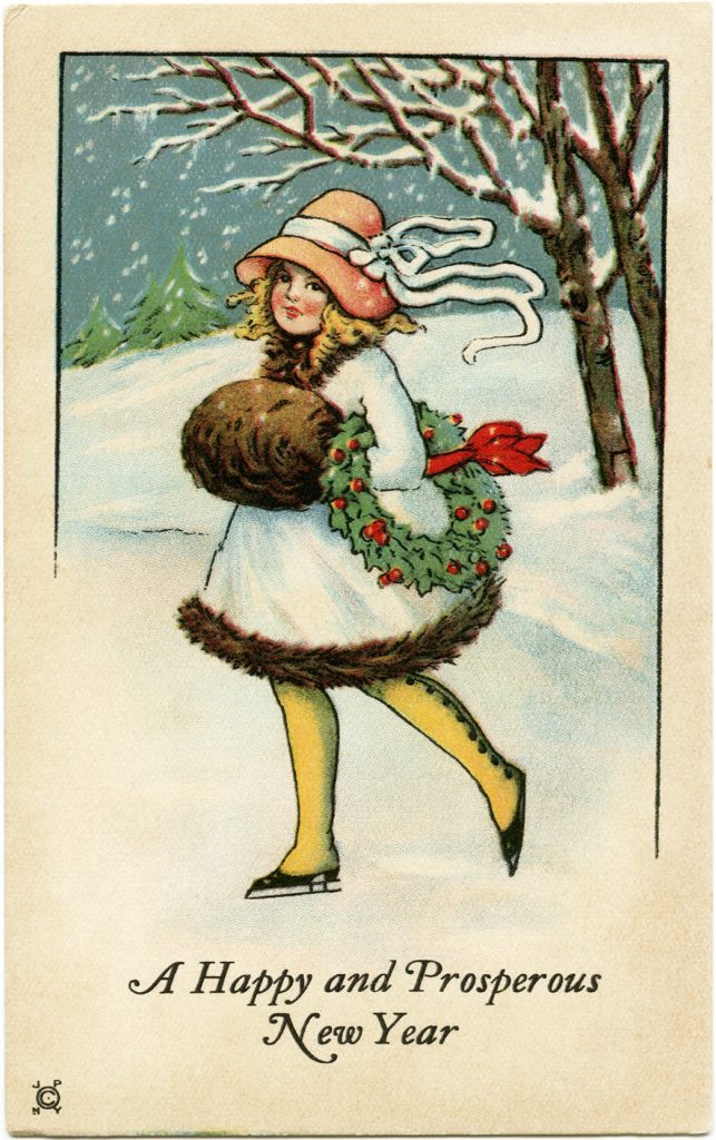 Vintage New Year Postcard Girl Skating - The Old Design Shop