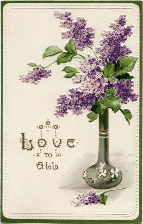 vase of purple lilacs vintage love postcard