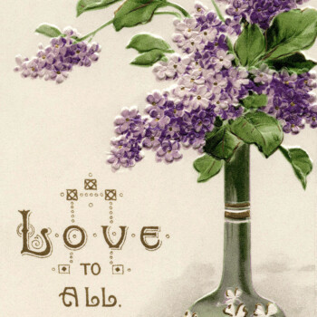 vase of purple lilacs vintage love postcard