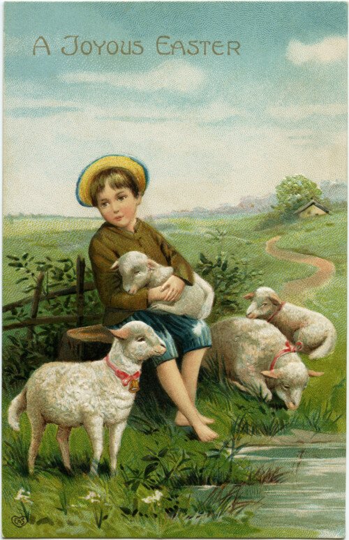 printable easter postcards boy and lambs