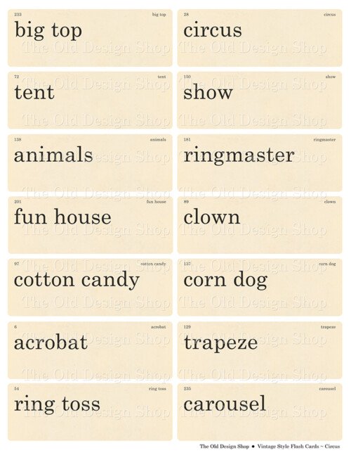 printable circus theme flashcards