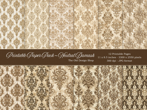 neutral damask patterned paper pack