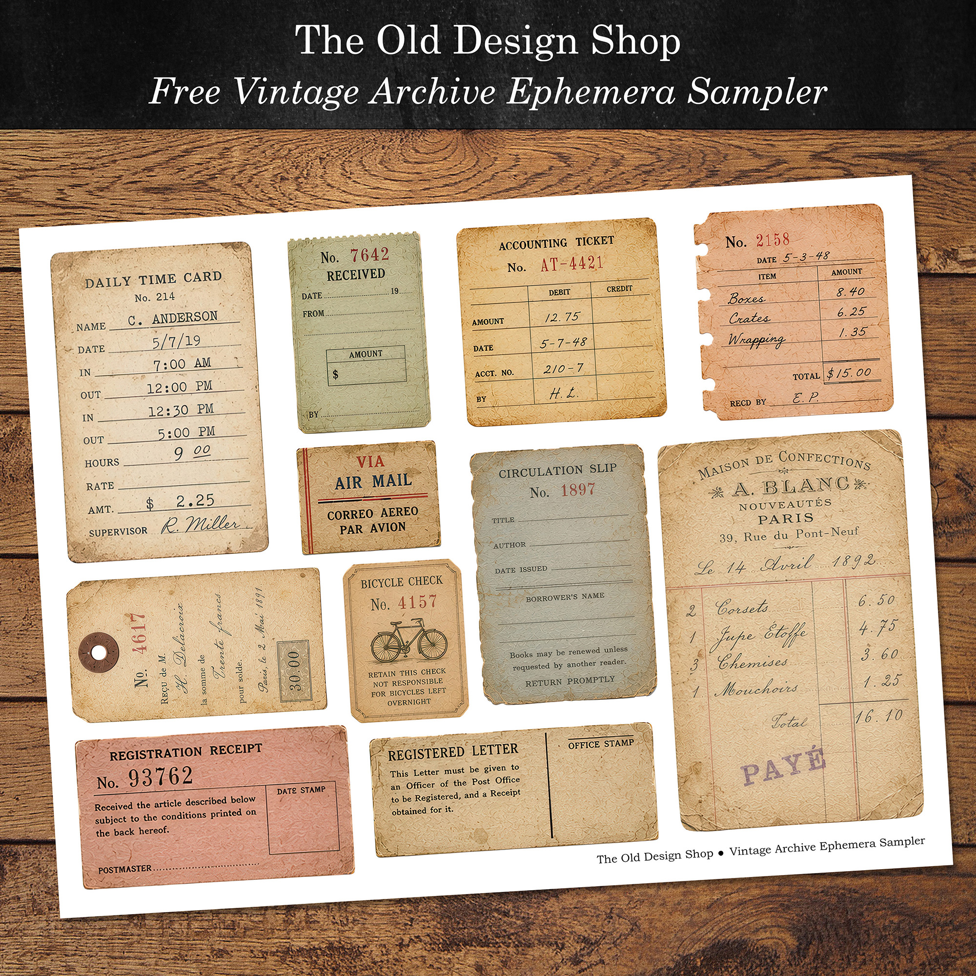 Free printable vintage archive ephemera sampler featuring time cards, accounting tickets, registration receipts, library circulation slips, postal labels, baggage checks, and French invoice ephemera on aged paper textures.