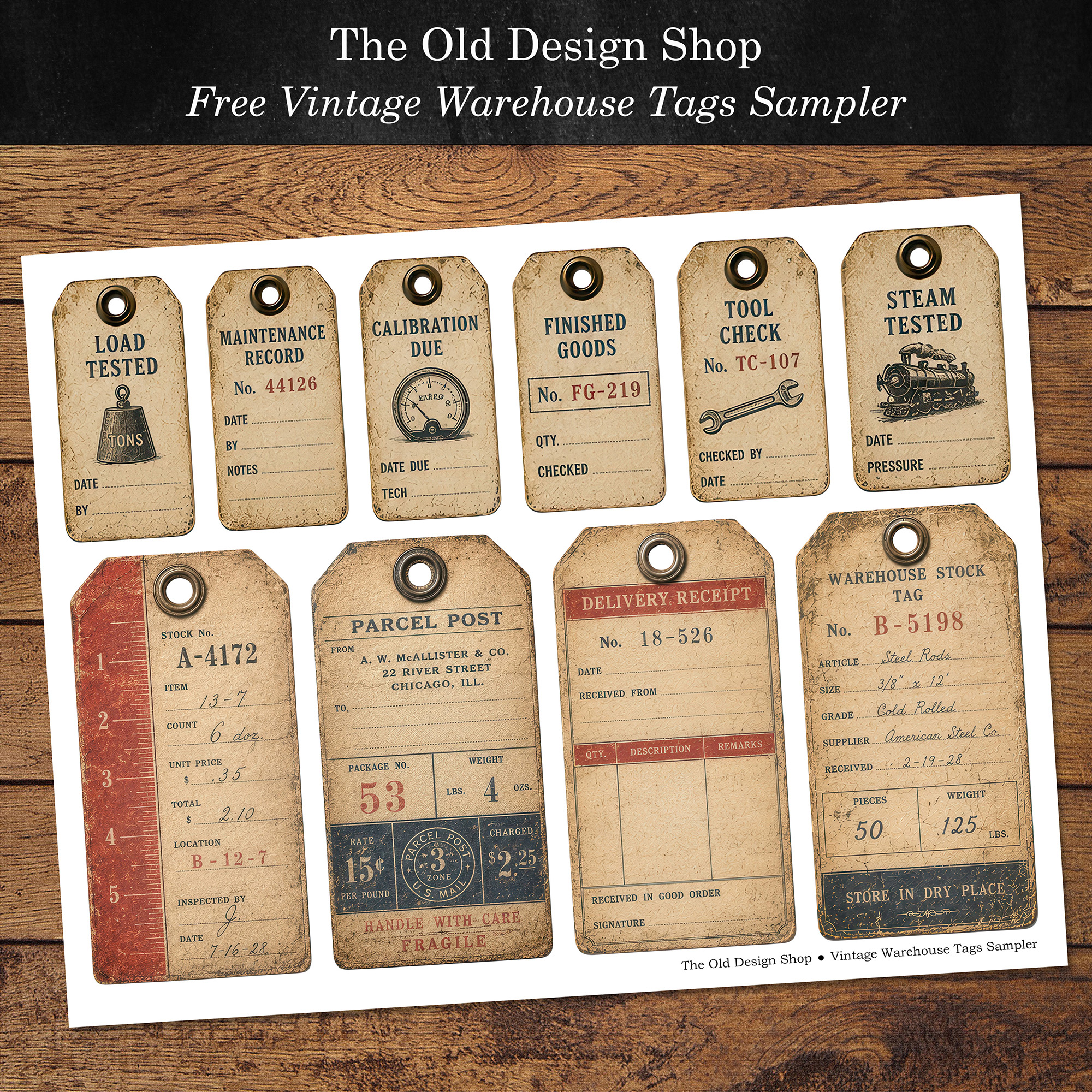 Free Vintage Warehouse Tags sampler printable featuring industrial inventory, shipping, and warehouse archive tags.