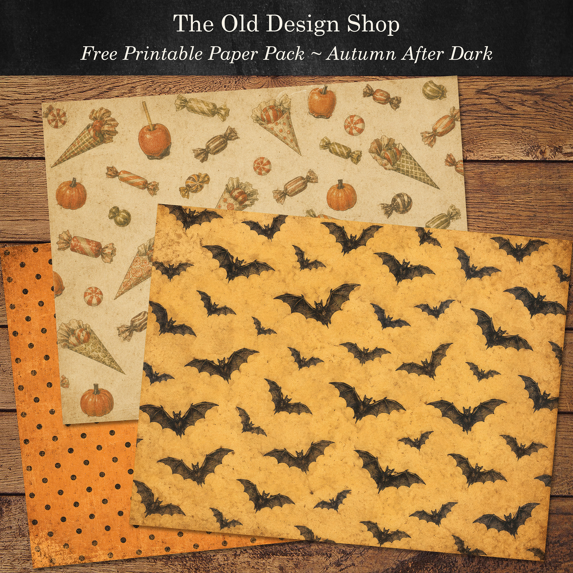 Three free vintage autumn Halloween papers featuring bats, candy, pumpkins and orange polka dots.