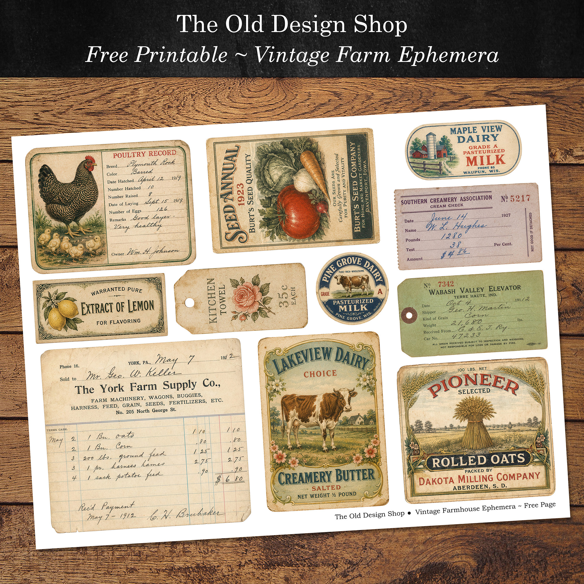 Free printable vintage farm ephemera sheet featuring authentic farmhouse labels, seed packet, dairy labels, poultry record, grain elevator tag, creamery check, farm supply invoice, kitchen tag, and vintage advertising pieces on a white background.
