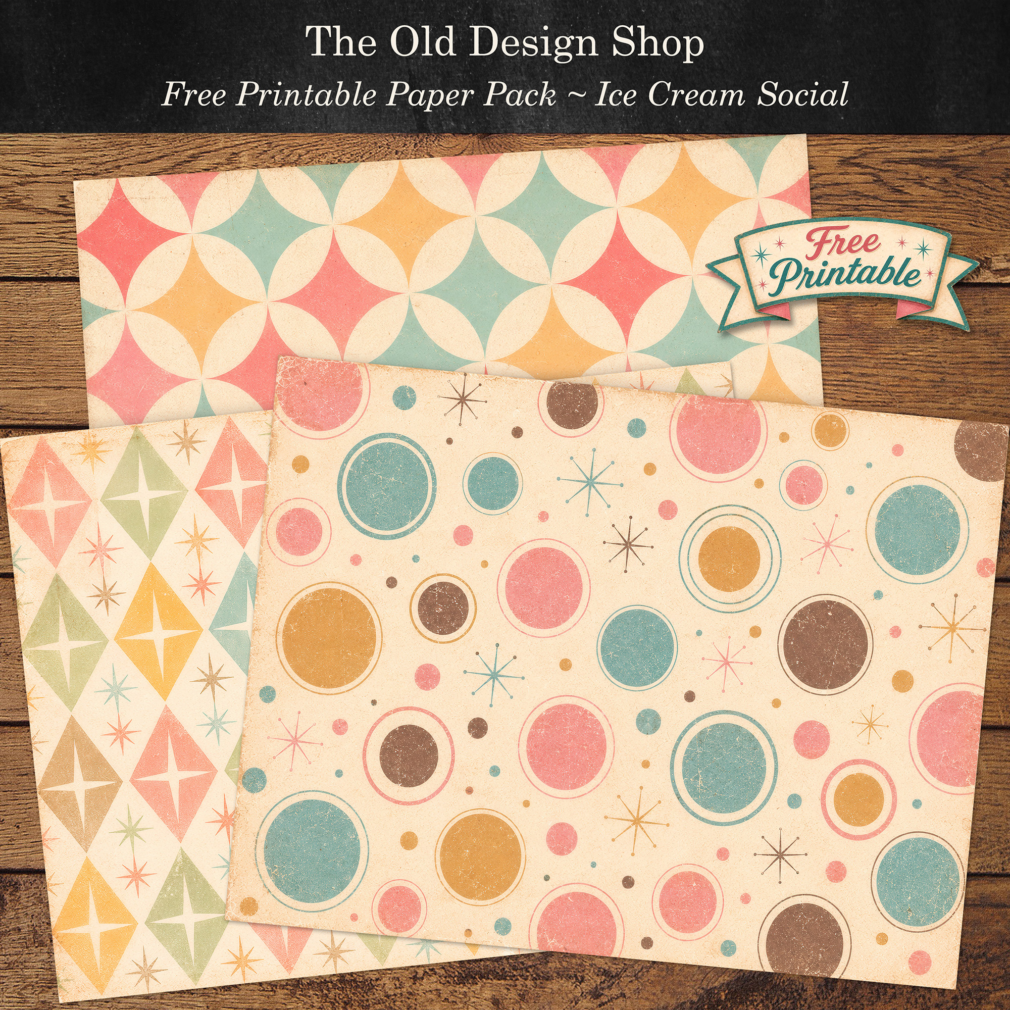 Three free retro ice cream social printable papers in pastel mid-century patterns