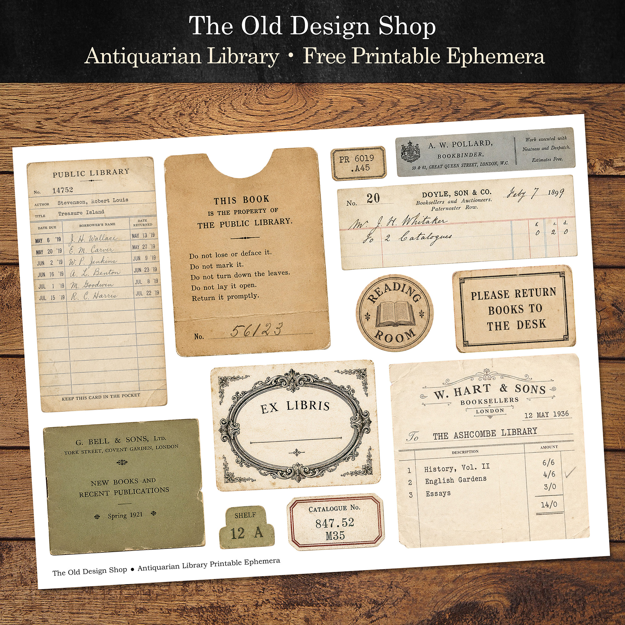 Free antiquarian library ephemera printable with vintage library cards, bookplates and labels.