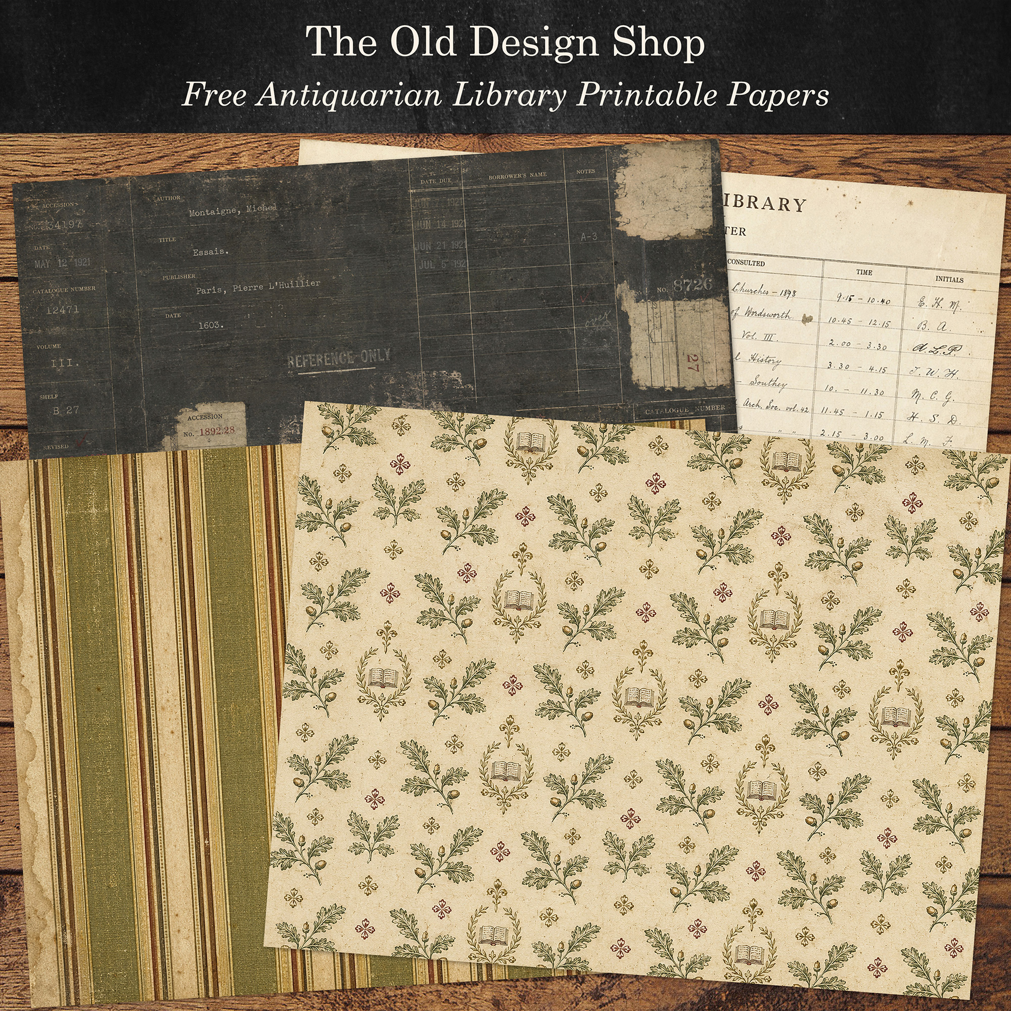 Four printable free antiquarian library papers in aged cream, olive, and charcoal tones.