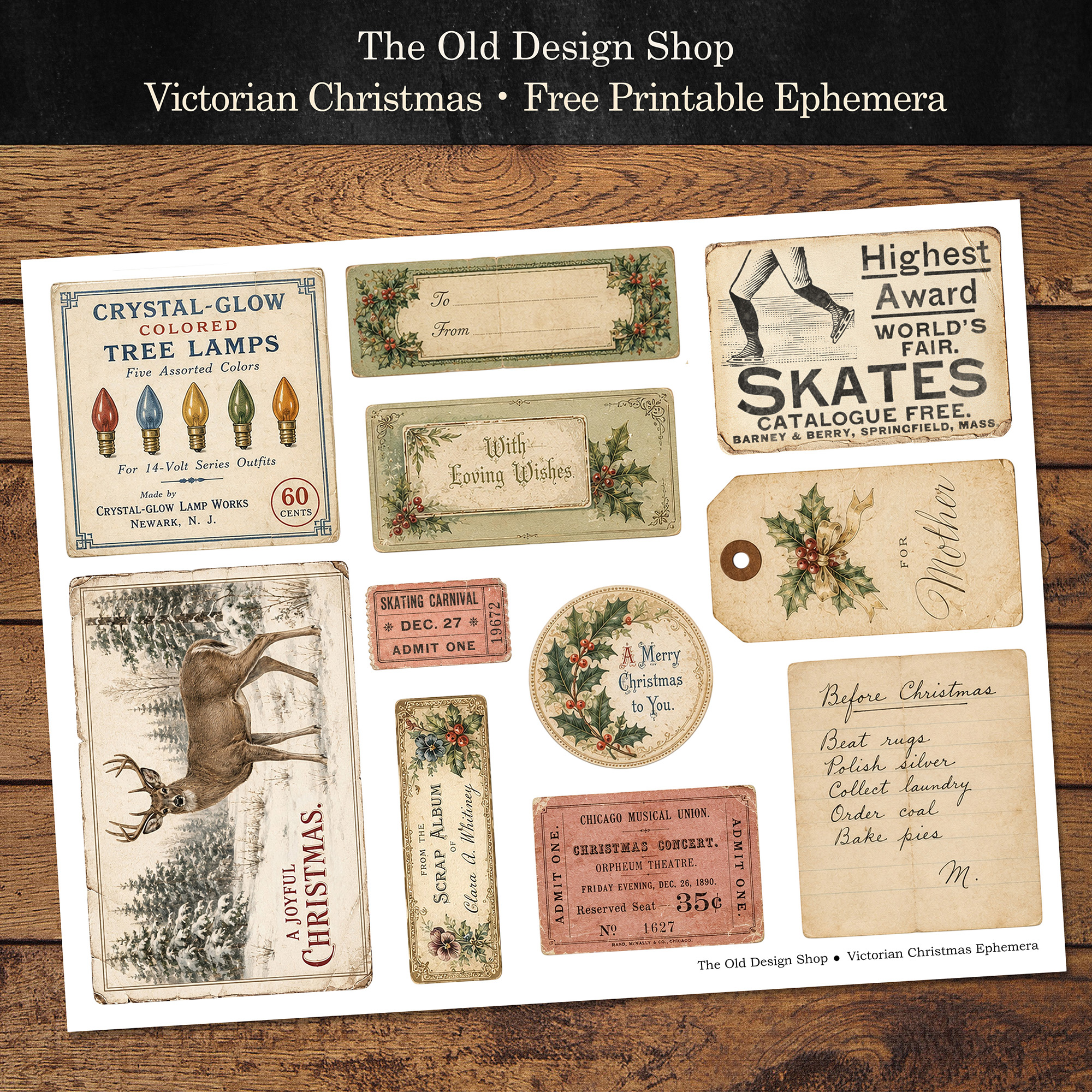 Free printable Victorian Christmas ephemera with vintage cards, tags and tickets.