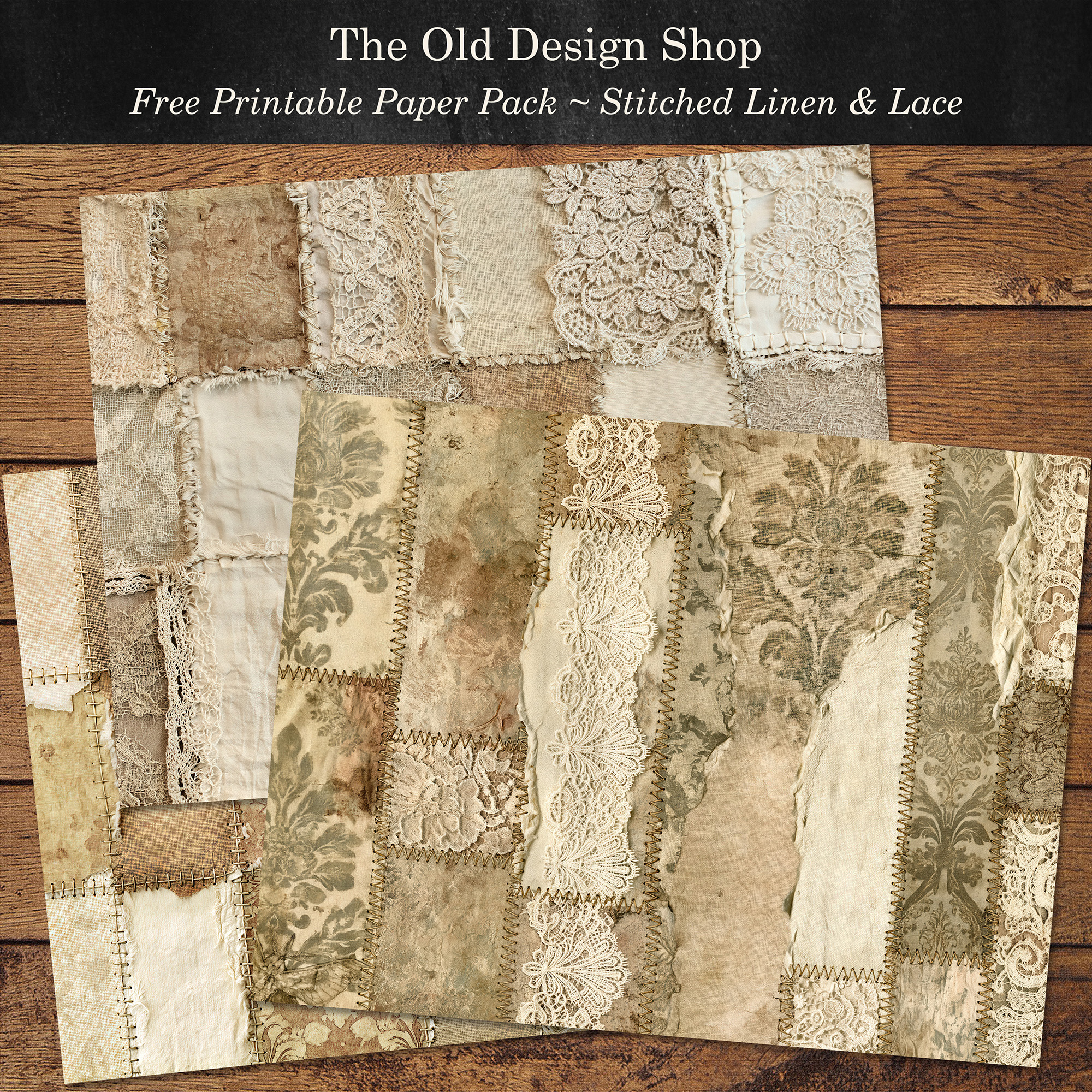 Free stitched linen and lace papers in neutral vintage tones