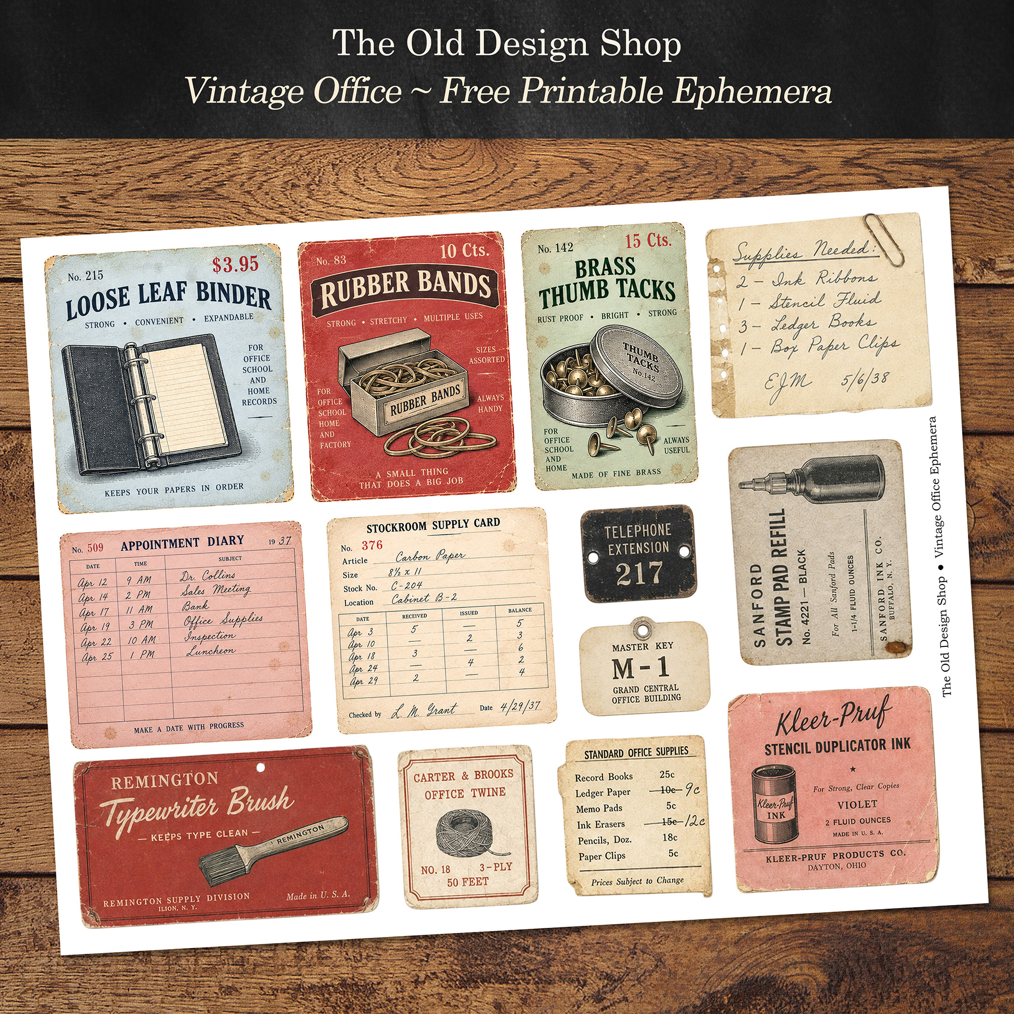 Free vintage office printable ephemera sheet with retro office supplies, tags, labels and forms.