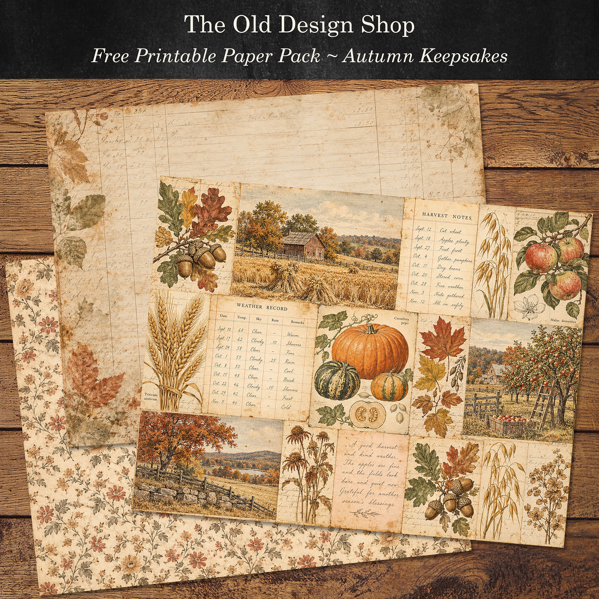 Three printable free autumn keepsake papers featuring floral patterns, aged ledger pages, and a harvest collage.