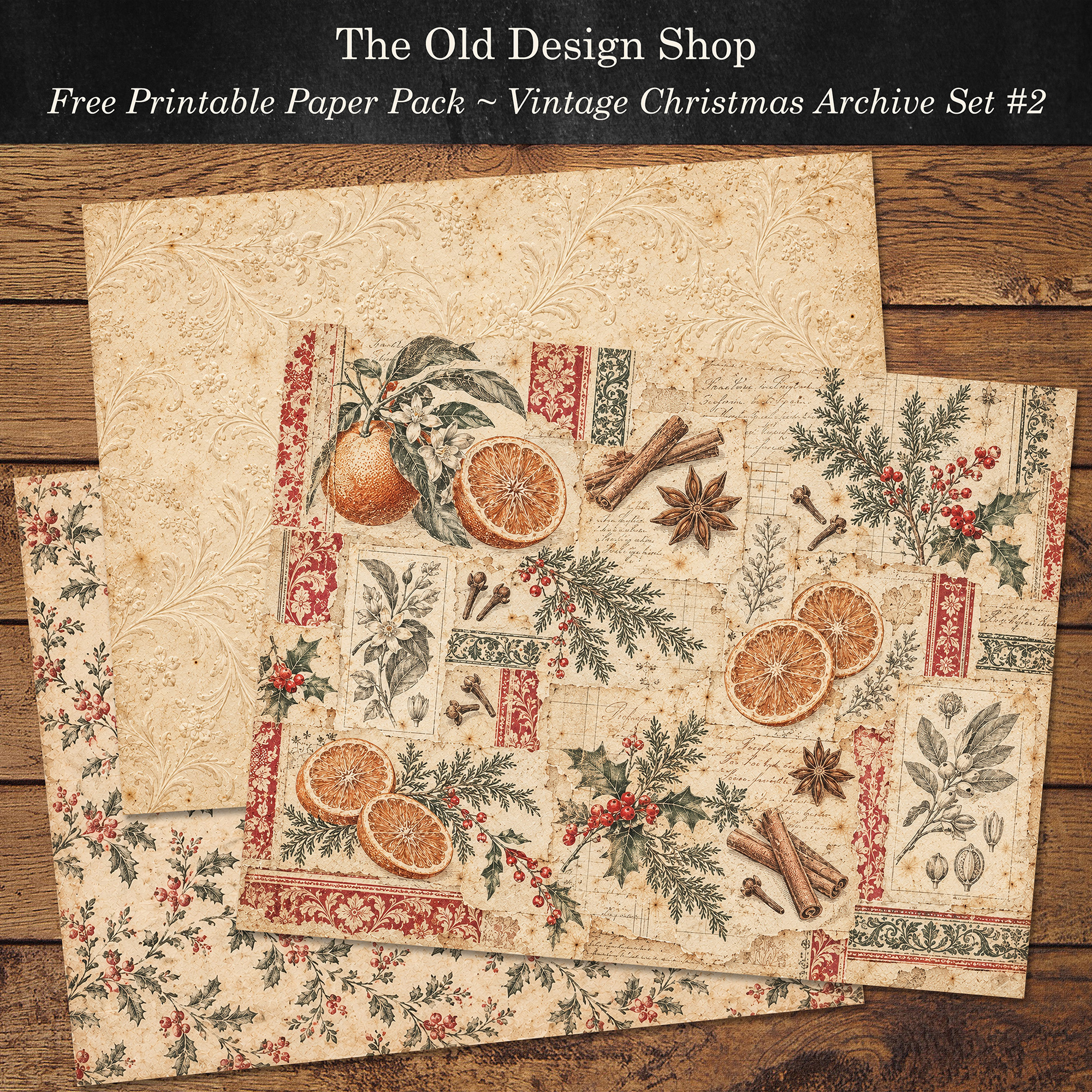 Free vintage Christmas papers featuring botanical collage, cream floral, and holly berry printable designs.